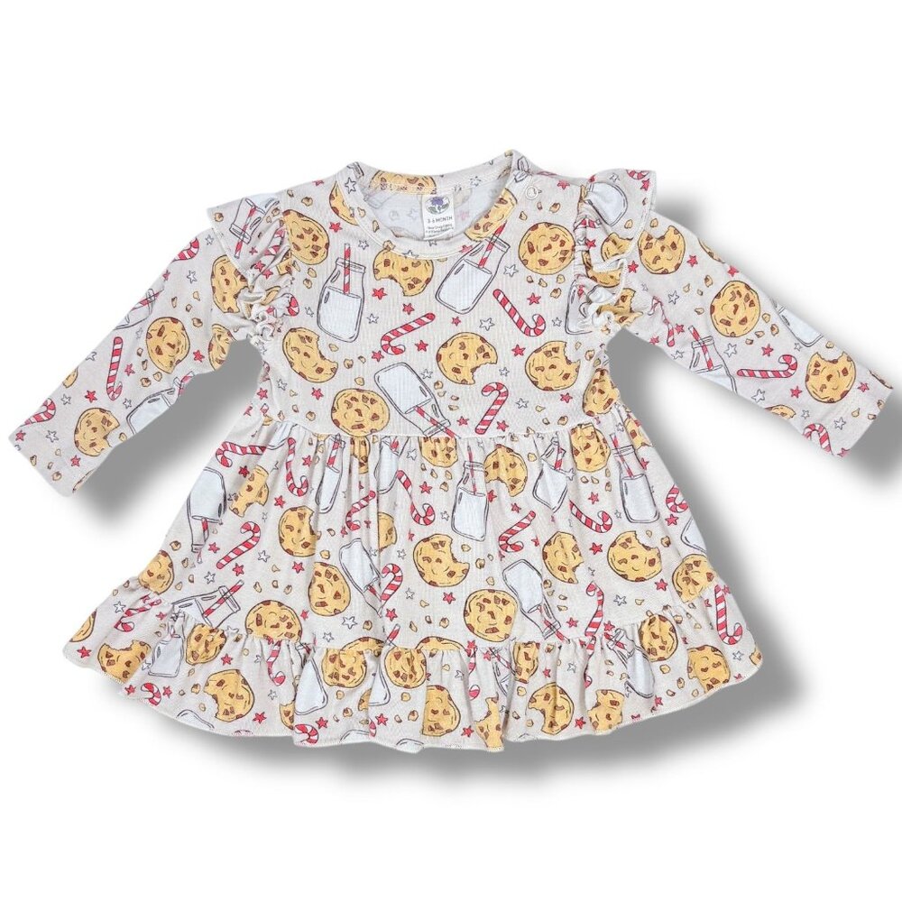 Baby Girls Bamboo Winter Christmas Holiday Santa Cookies Print Twirl Dress 3-6m